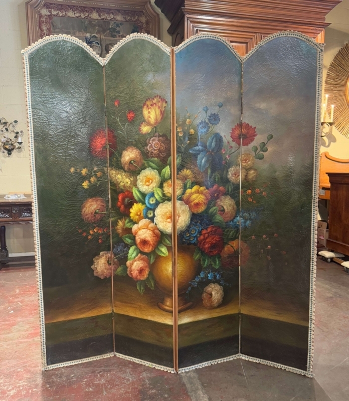 Folding Screen Antique French Country Hand Painted Floral Arched