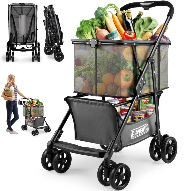 Folding Shopping Cart, Eight Wheel Base, Mesh Fabric, Dual Tier