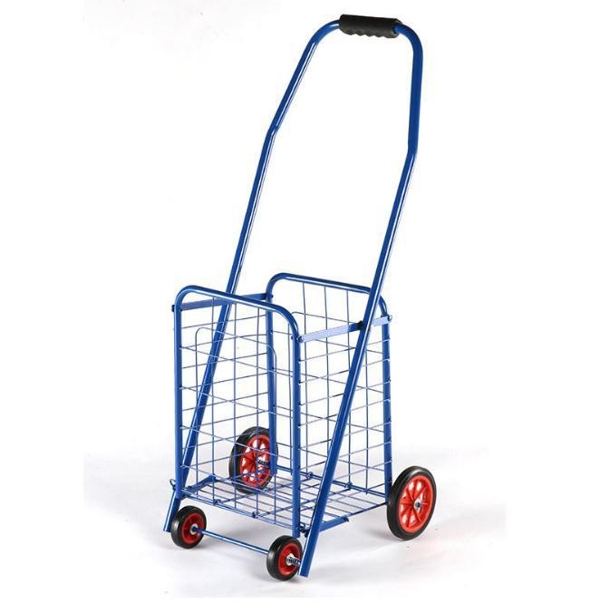 Folding Shopping Cart Royal Blue Wire Frame Red Wheels