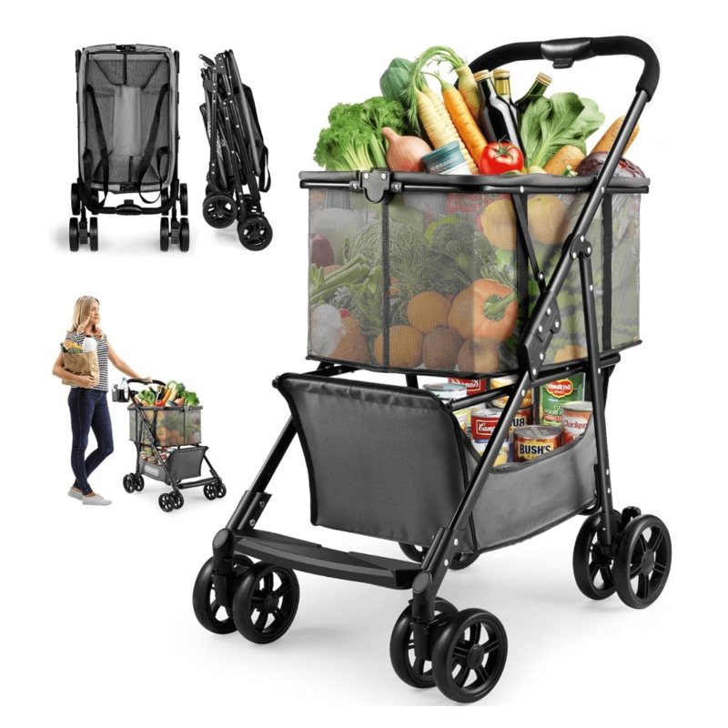 Folding Shopping Cart Two Tier Storage Double Front Wheels Black