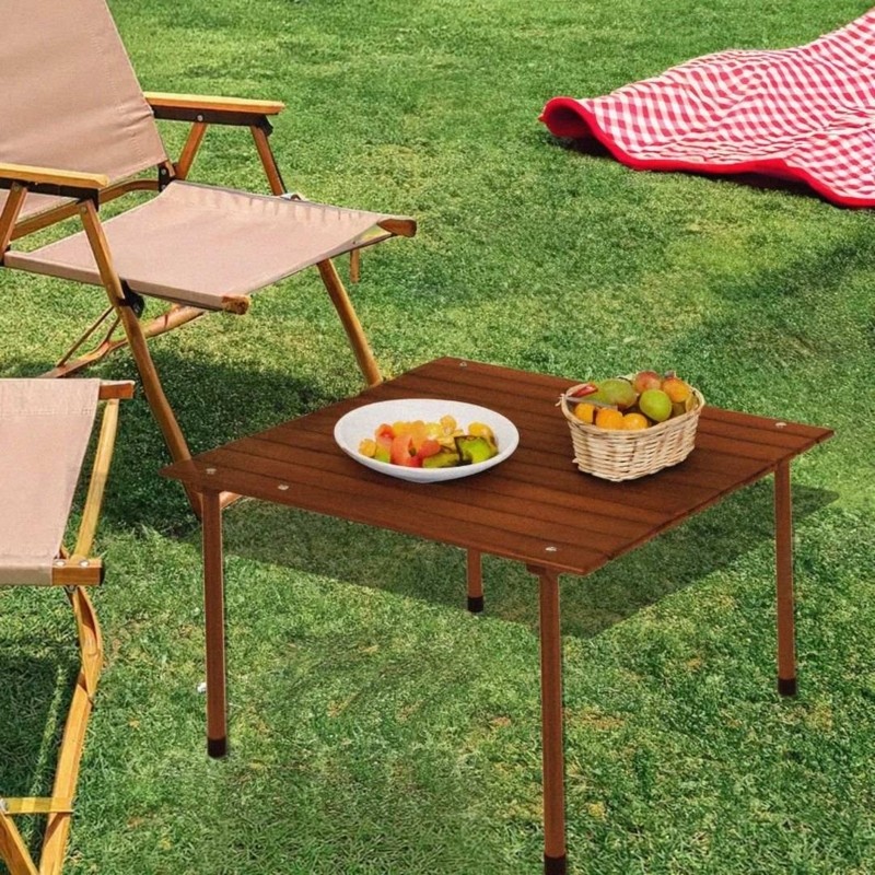 Folding Side Table, Warm Teak Finish Roll-Up Slats, Rustic