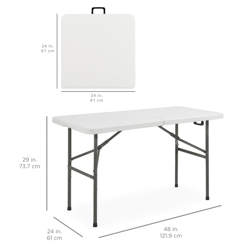 Folding Table, 4ft White Bi-Fold Plastic, Carrying Handle, Locking Legs