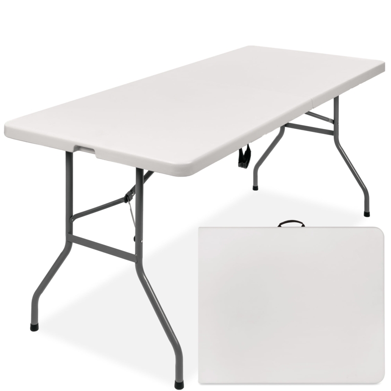 Folding Table, 6ft White Bi-Fold Utility, Charcoal Gray Frame
