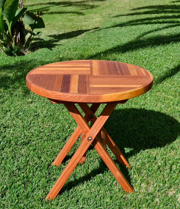 Folding Table, Round Redwood Quadrant Plank Top with X-Frame Legs