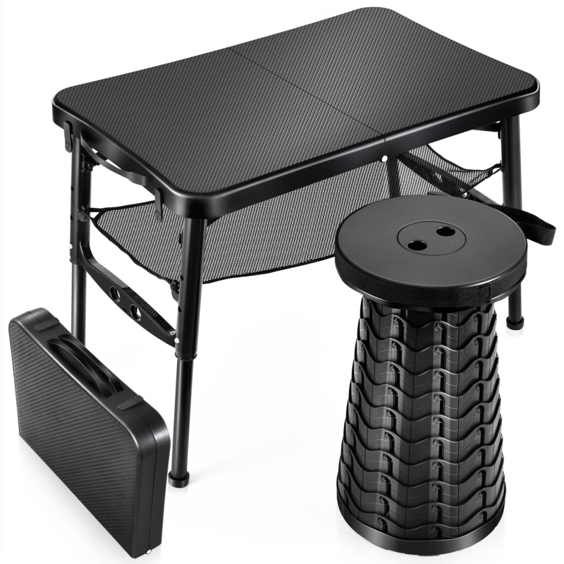 Folding Table Set, Matte Black Telescoping Stool, Mesh Storage