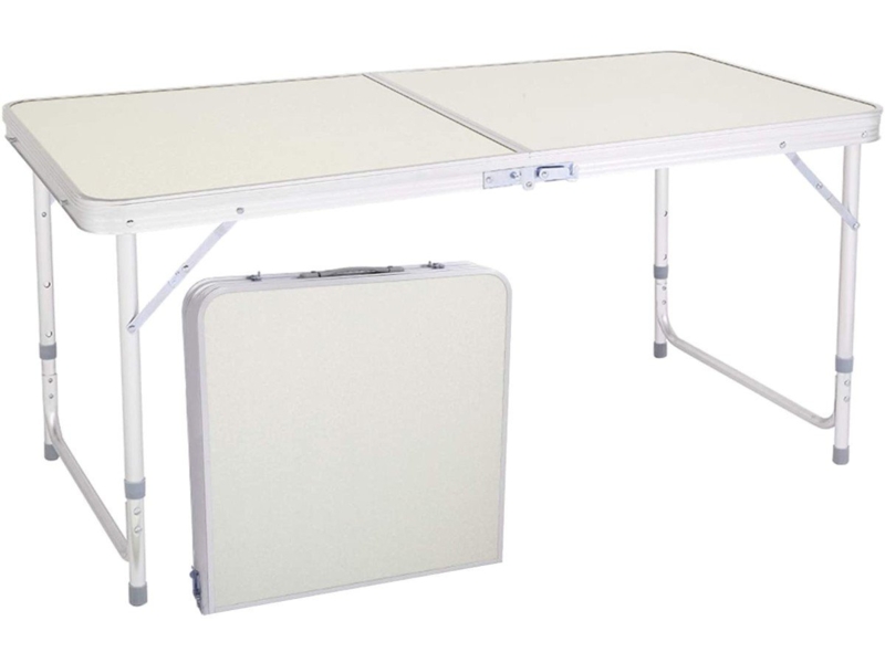 Folding Table, Silver Aluminum Suitcase Style, Off-White Top