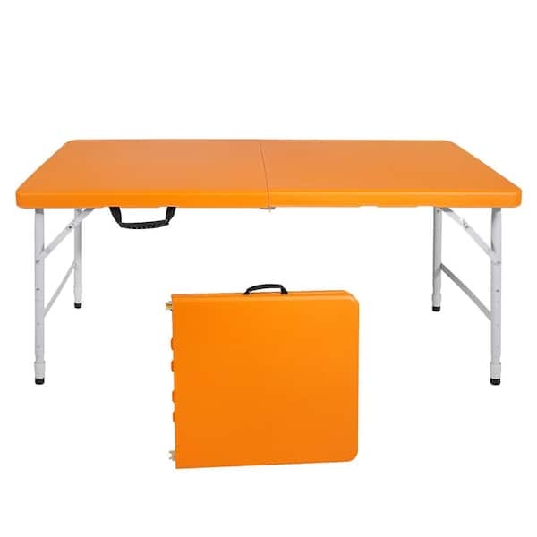 Folding Table, Vibrant Orange Plastic, Fold-In-Half Utility