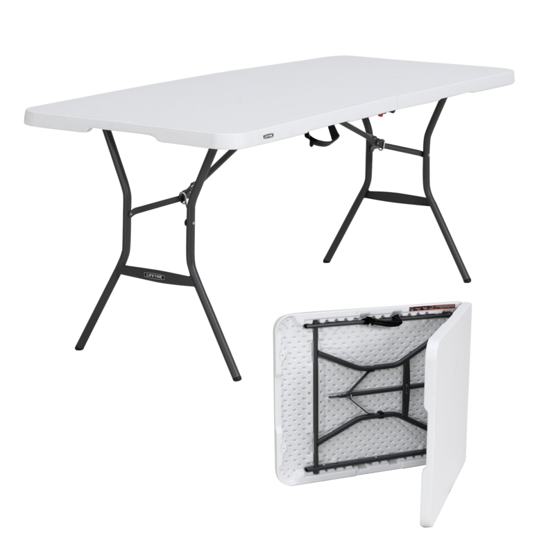 Folding Table, White Granite Finish, 6ft Fold-In-Half Banquet