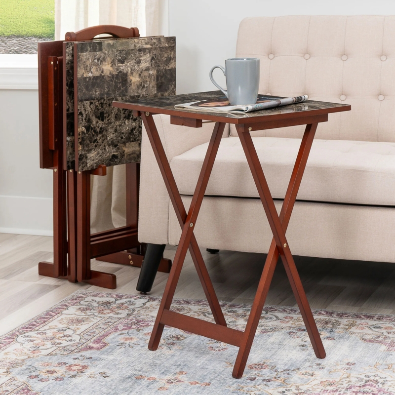 Folding Tray Table Set Faux Marble Top Wood Frame Storage Stand