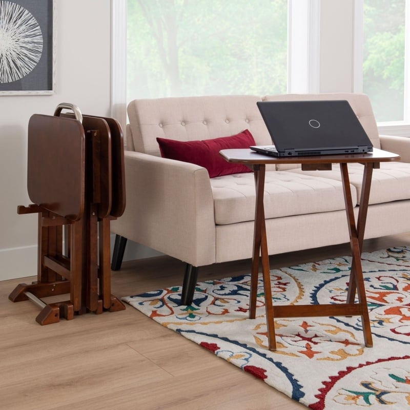Folding Tray Tables Autumn Cherry Wood Storage Stand Rounded Corners