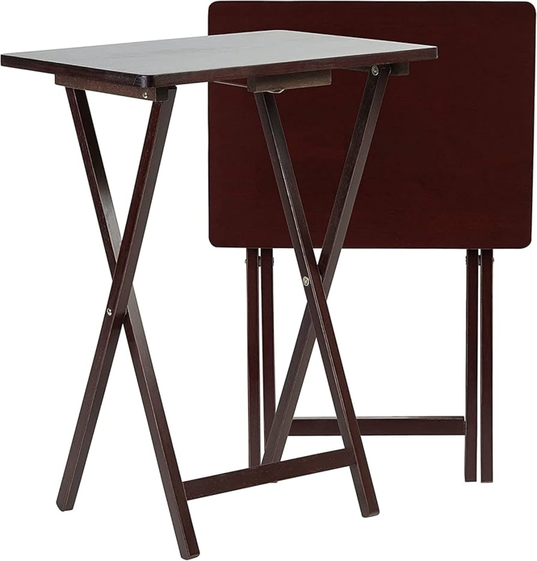 Folding TV Tray Espresso Brown Wood X-Frame Base Collapsible Set