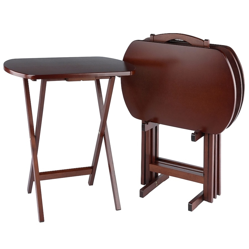 Folding TV Tray Set Walnut Brown Wood Storage Caddy Portable