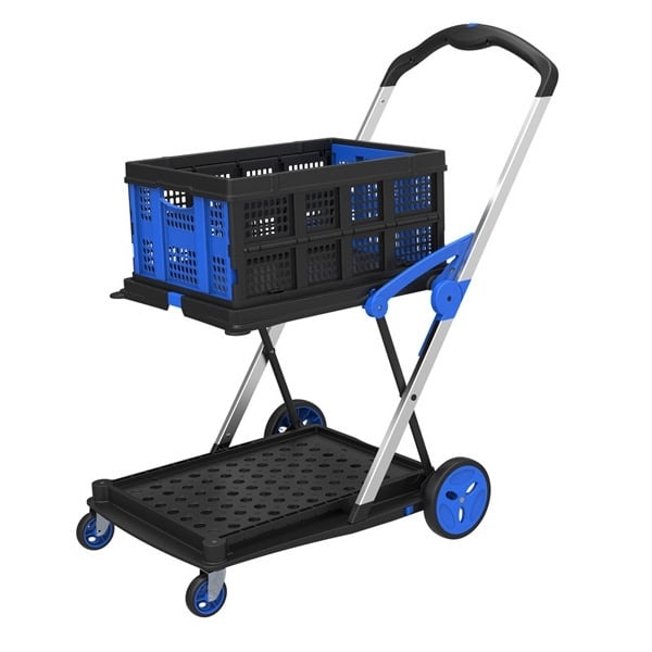 Folding Utility Cart, Collapsible Crate, Two-Tier Platform, Blue Accent