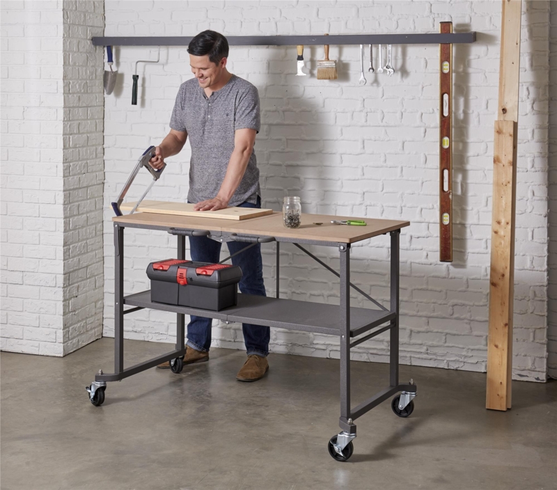 Folding Utility Table Light Wood Toned Top Gunmetal Gray Casters