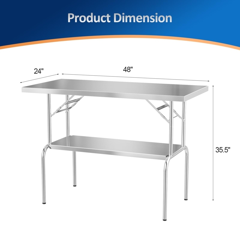 Folding Work Table Polished Stainless Steel Undershelf 48 Inch