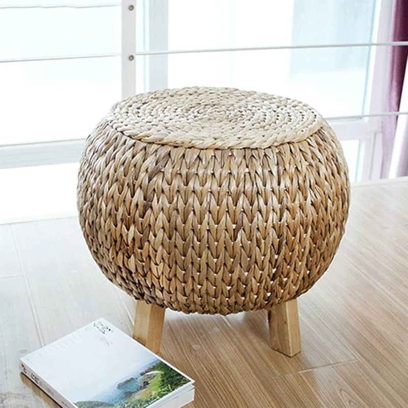 Footstool Ottoman with Chunky Braided Detail, Bulbous Woven Body