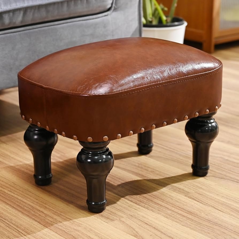 Footstool Ottoman with Turned Black Legs and Nailhead Trim