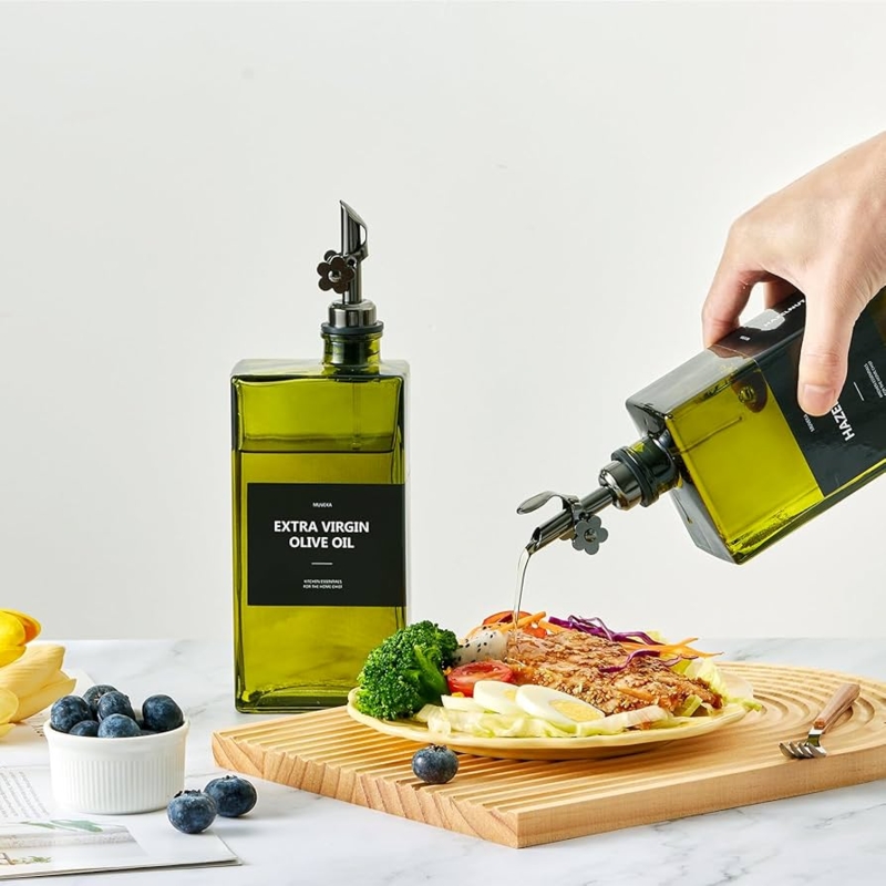 Forest Green Glass Oil Dispenser with Floral Spout Detail
