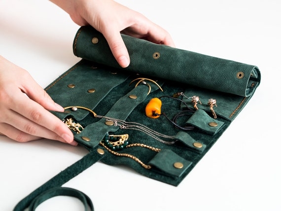 Forest Green Jewelry Roll, Artisanal Suede-Like Wrap with Snap Fasteners
