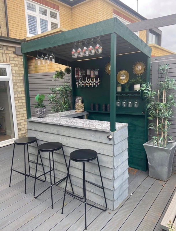 Forest Green Outdoor Bar with Patterned Tile Top and Wall Optics