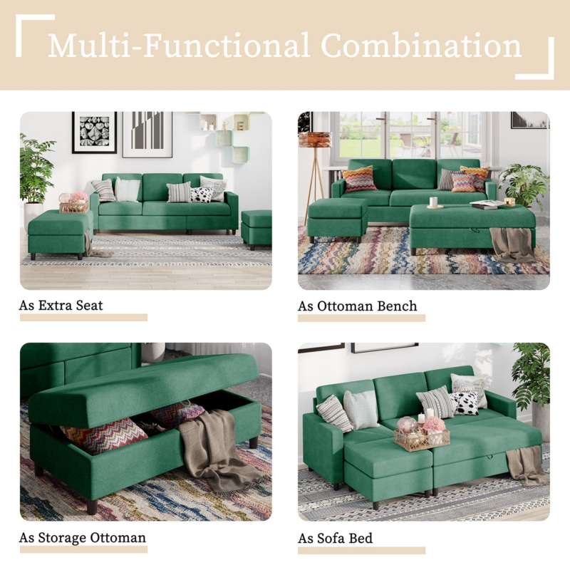 Forest Green Sectional Sofa with Long Storage Ottoman and Bed Conversion