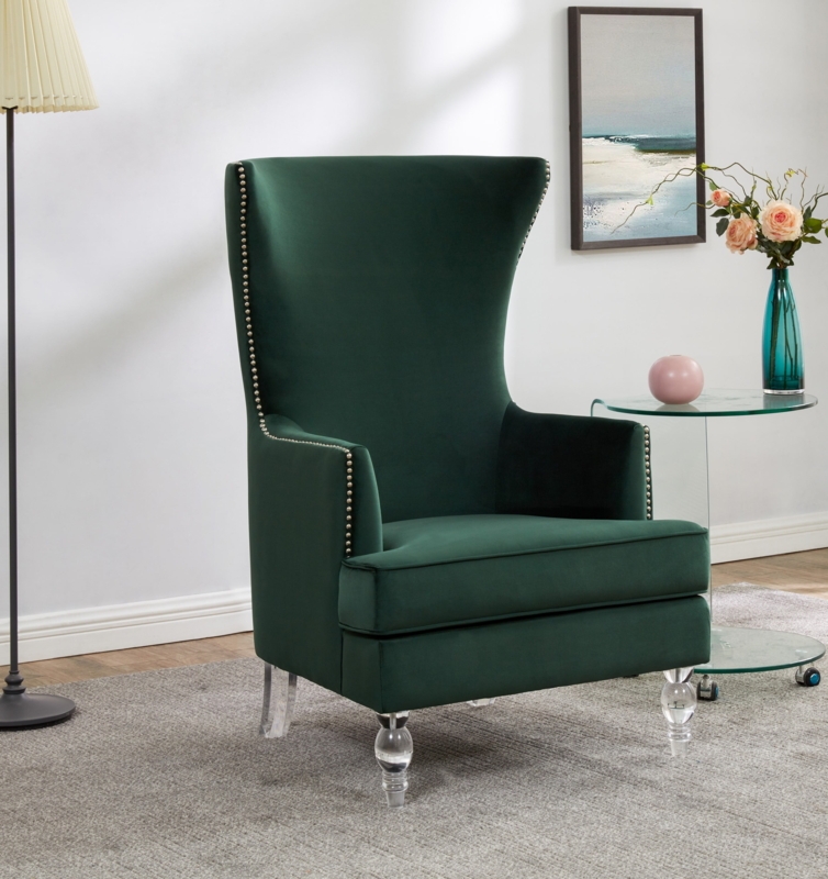 Forest Green Velvet Wingback Chair with Clear Acrylic Turned Legs