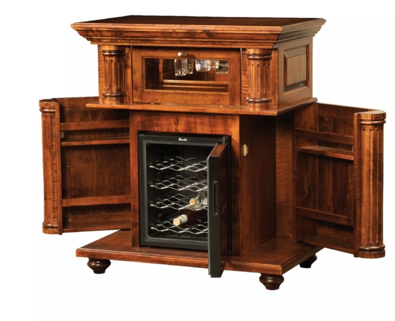 Formal Traditional Walnut Bar Cabinet with Fluted Columns and Cooler