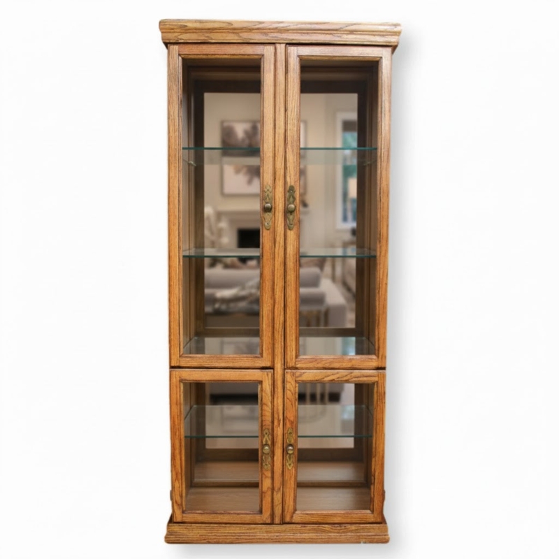 Four Door Curio Cabinet Mirrored Back Crown Molding Traditional