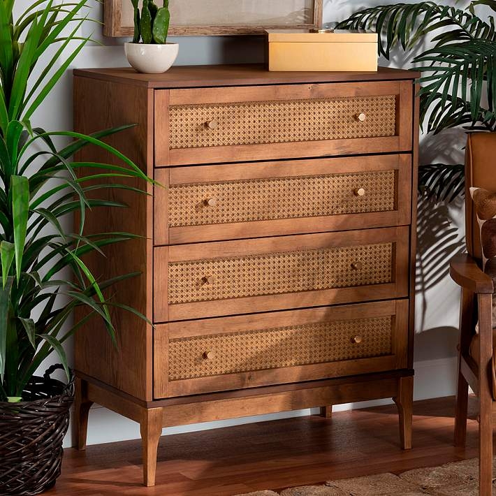 Four-Drawer Storage Chest with Natural Brown Frame and Woven Fronts