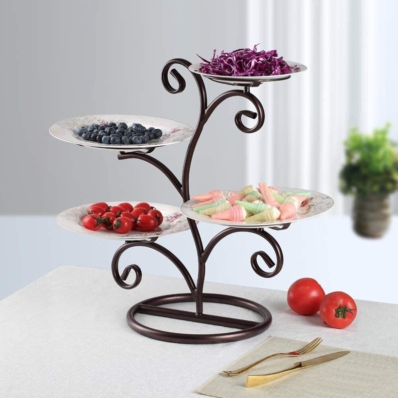 Four-Tier Fruit Display, Dark Bronze Scrollwork Arms & Floral Plates