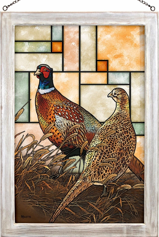 Framed Glass Art Pheasant Wildlife Motif Whitewashed Lodge
