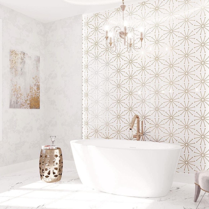 Freestanding Bathtub Oval with Gold Fixtures and Sunburst Pattern Wall
