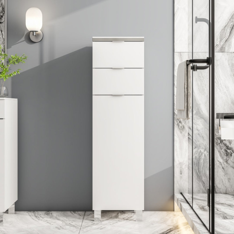 Freestanding Linen Cabinet on Square Feet with Horizontal Pulls.