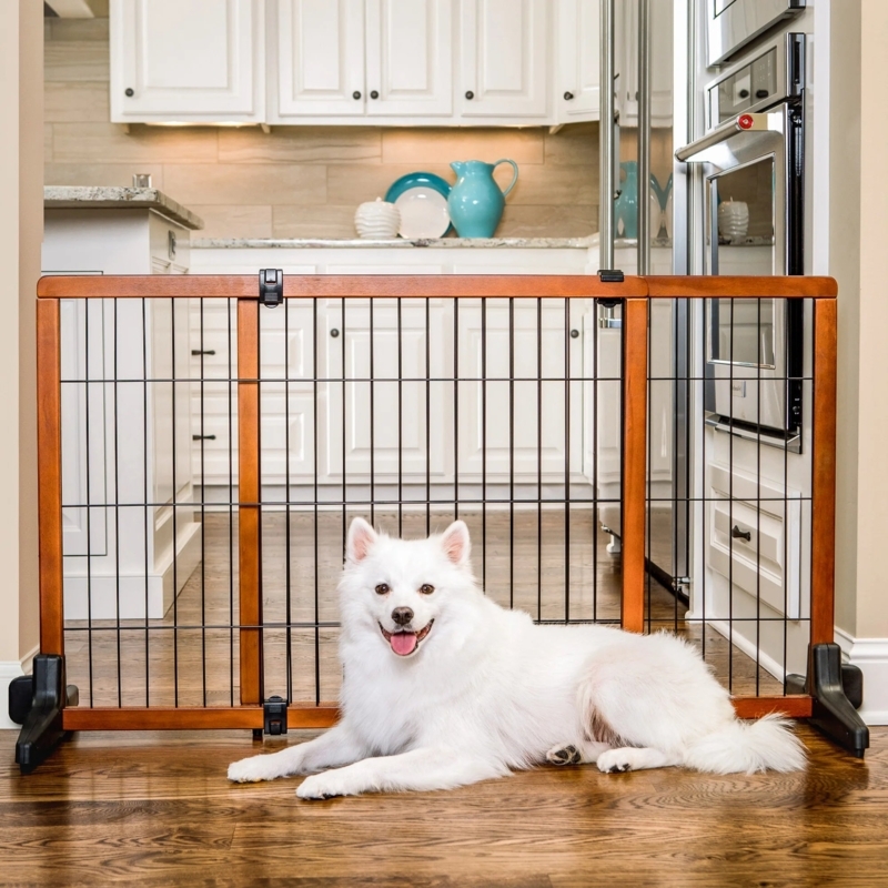 Freestanding Pet Gate, Transitional Walnut with Metal Bars, Extra Tall