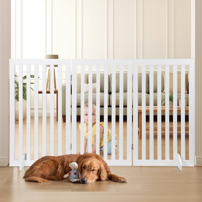 Freestanding Pet Gate, White Z-Fold Mechanism with Support Feet