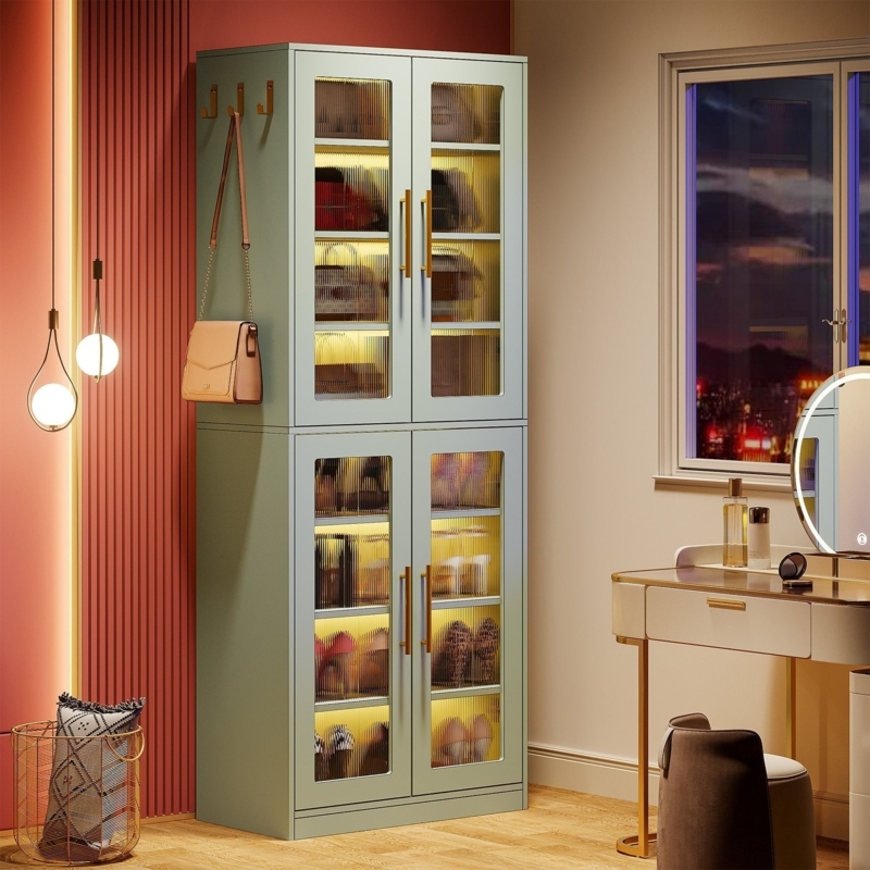 Freestanding Shoe Cabinet with Acrylic Doors and LED Lights, White