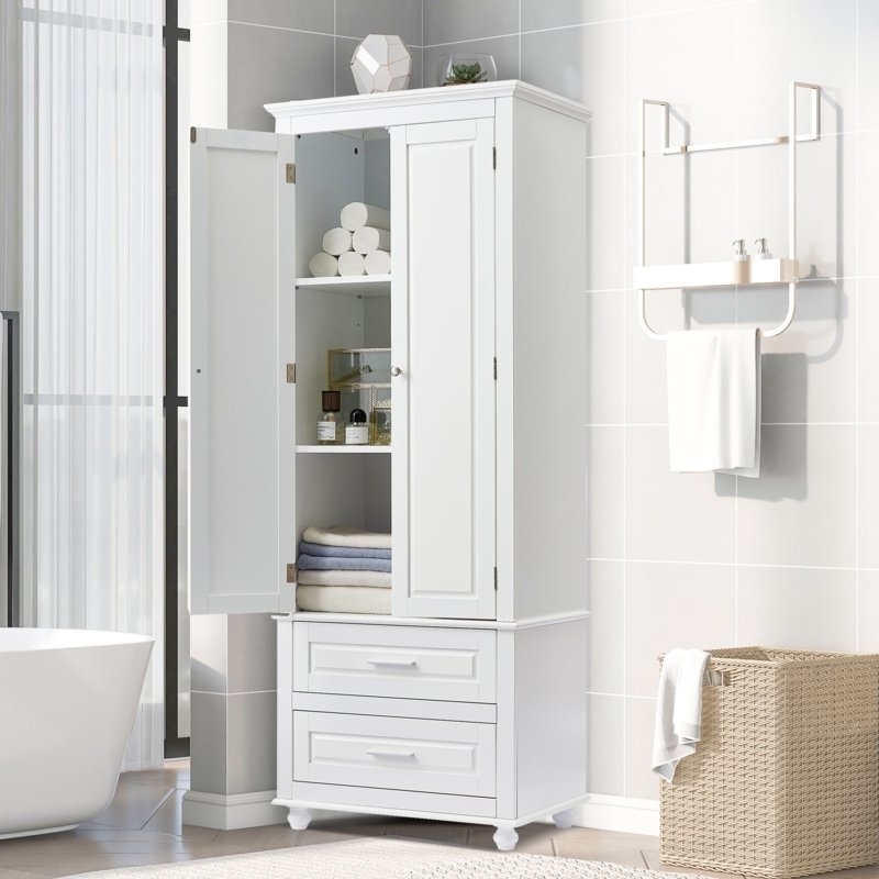 Freestanding White Shaker Linen Cabinet with Bun Feet