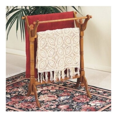 Freestanding Wooden Quilt Rack Scrolled Feet Turned Spindles Oak Brown