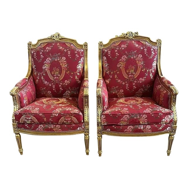 French Baroque Style Red Wingback Chair - Set of 2 | Chairish