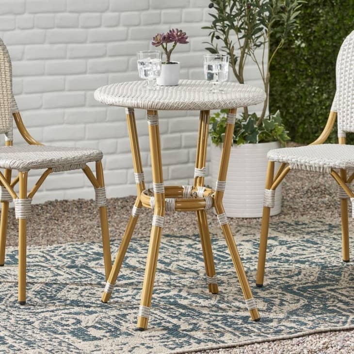 French Bistro Patio Set Bamboo Style Legs Woven Tabletop Contrast Binding