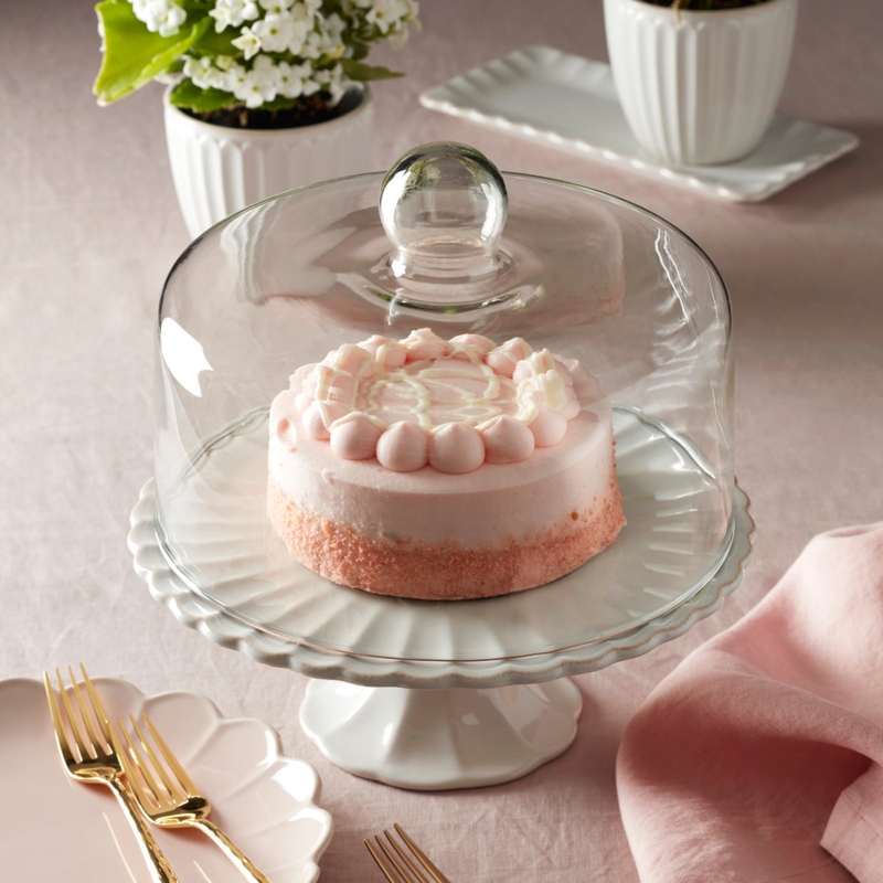 French Country Cake Stand with Scalloped Ceramic Rim and Glass Dome