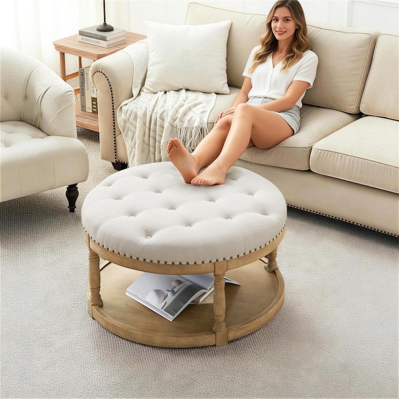 French Country Cocktail Ottoman Round Warm Beige Nailhead Trim Shelf