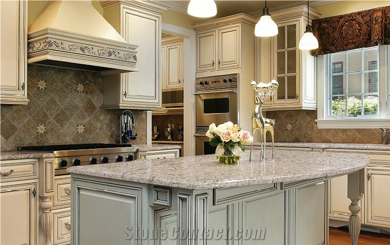 French Country Kitchen Island With Curved Overhang And Antique Glaze