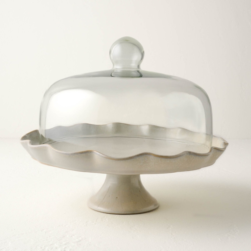 French Grey Ruffle Cake Stand with Matte Ceramic Base and Glass Dome