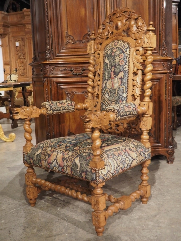 French Renaissance Armchair with Lion Head Arms and Tapestry