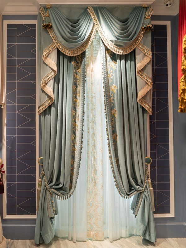 French Slate Blue Embroidered Velvet Valance Drapes