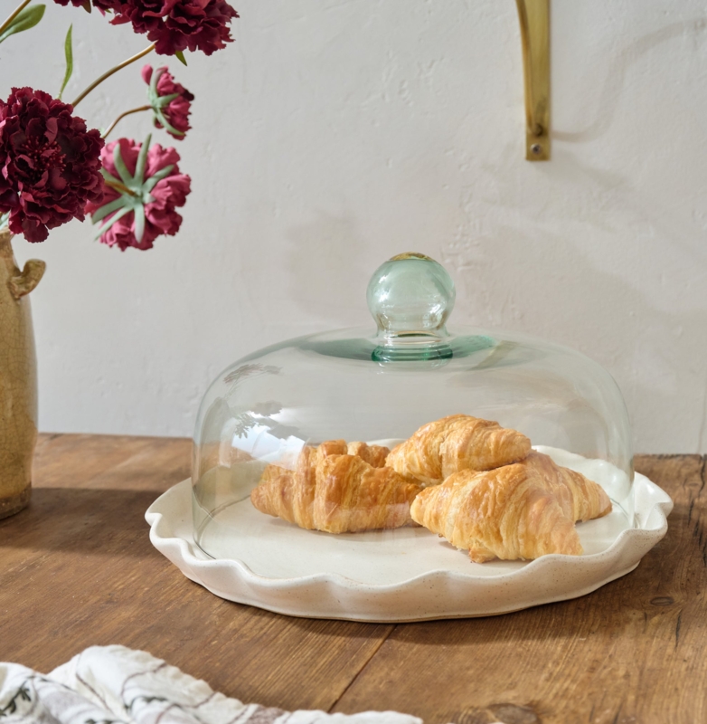 French White Ruffled Cake Stand with Speckled Ceramic Base and Dome