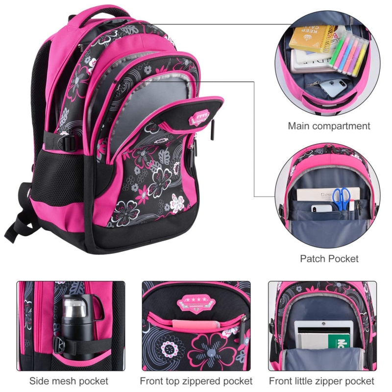 Fuchsia Pink Floral Backpack with Multiple Compartments and Organizer