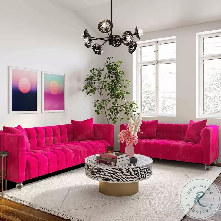 Fuchsia Velvet Sofa Set with Clear Acrylic Legs and Grid Tufting