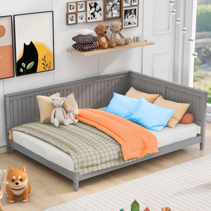 Full Daybed Matte Gray L-Shaped Back Vertical Slats Platform